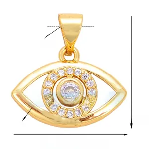 Detail view of 17mm gold-plated evil eye pendant with colorful cubic zirconia accents
