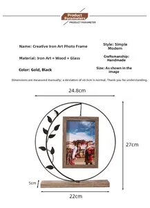 Detailed view of luxury iron photo frame with metal leaves and wooden base dimensions