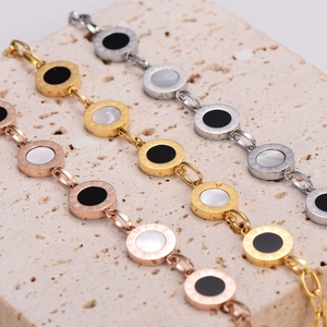 Stainless steel Roman numeral bracelets with black and white shell inlay in three colors