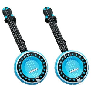 Macro view of blue inflatable PVC banjo toy instruments with black necks and string patterns