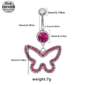 Detail of 316L medical steel navel ring with magenta crystals and bowknot design