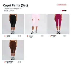 Detail view of high-waist yoga shorts in black, pink, berry red, and chocolate brown