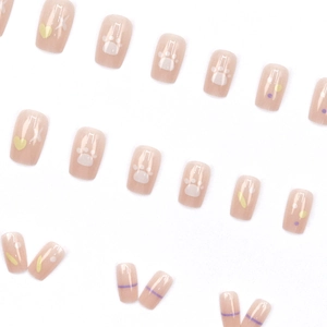 Minimalist clear summer press-on nails set with cute doodle cat paw and heart patterns