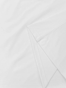 Detailed close-up showing precision double-needle stitching and hem on a white cotton hoodie