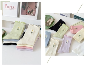 Cotton ruffles embroidered floral mid-calf socks women summer thin stackable cute socks