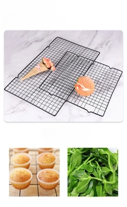Macro view of non-stick black mesh cooling rack with curved feet for air circulation