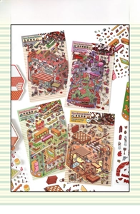 Close-up of vintage 2.5D isometric scenery stickers for creative journaling scrapbooking