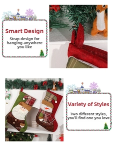 Detail of Christmas stockings with Santa and snowman 3D dolls and sturdy hanging loops