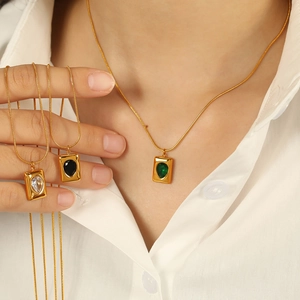 Elegant gold titanium square frame necklace with teardrop gemstone for women