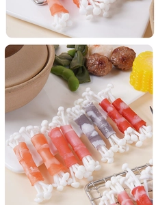 Detailed view of realistic artificial bacon and enoki mushroom rolls for food displays