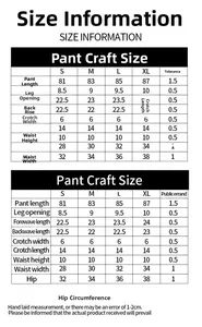 Detailed size chart for high waist yoga pants including length, waist and hip measurements