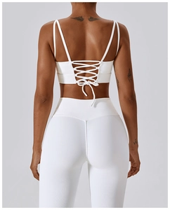 Vue arrière d'un ensemble de yoga blanc côtelé avec brassière à dos ouvert et legging taille haute