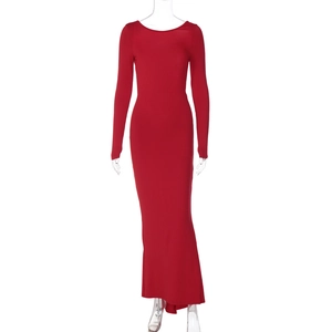 Front view of a red long sleeve slim fit maxi dress on a studio mannequin background