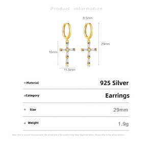 Detailed view of gold S925 silver cross earrings with dimensions and specifications