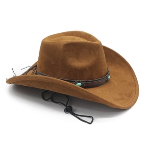 Detail of brown faux suede cowboy hat with turquoise western band and windproof cord