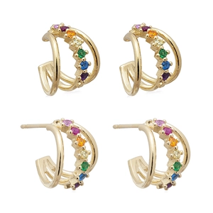 Rainbow cubic zirconia gold plated multi-layer hoop earrings and ear cuff set