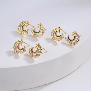 C-Shaped Moon And Star Stud Earrings Copper 18K Gold Plated Cubic Zirconia Dainty Ins Style Micro-paved For Women