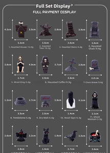 Size chart showing 16 Halloween resin miniatures with dimensions and weight specs