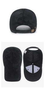 Detail of adjustable metal buckle and camouflage embroidery on black baseball cap