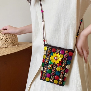 Bohemian hand-woven coconut shell flower crossbody bag with colorful beads for summer
