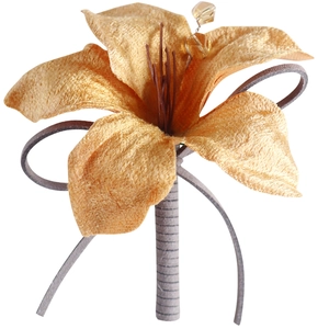 Handmade golden wedding boutonniere with velvet petals, beads, and grey ribbon stem