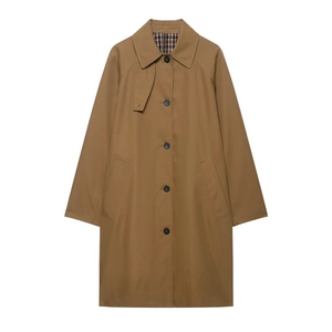 Classic khaki long trench coat with stylish plaid collar lining and single-breasted closure