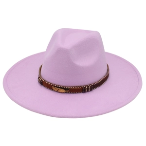 Detail of light purple fedora with braided band, beads and golden feather pendant