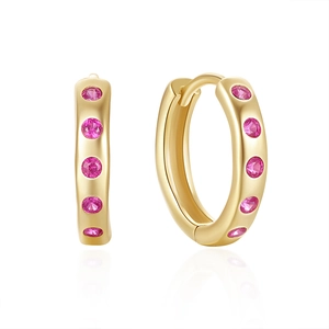 Detail view of gold S925 sterling silver hoop earrings with five pink zircon stones