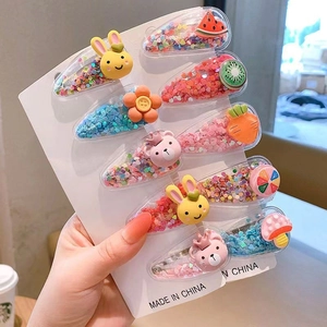 Set of 8 glitter hair clips with cute cartoon animals and fruits for little girls