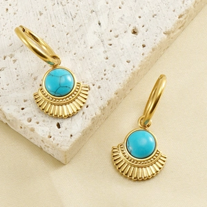 18K gold plated turquoise fan-shaped drop earrings displayed on a natural stone base