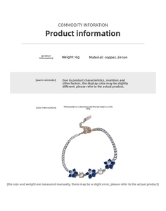 Macro detail of silver flower bracelet with blue stones and 16.8cm length size data