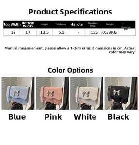 Size chart showing PU leather crossbody bag dimensions and four available color options
