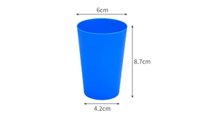 Detailed dimensions of blue stacking cup showing 6cm width and 8.7cm height in macro view