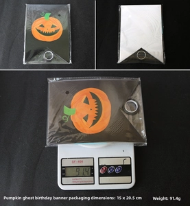 Detail view of pumpkin ghost birthday banner with packaging size and weight measurements