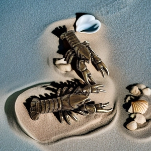 Set of two vintage brass crayfish figurines for desk decoration or tea pets on sand beach