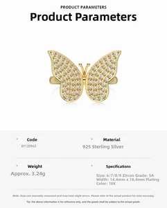 Detailed view of S925 sterling silver butterfly ring featuring 5A zircons and 18K gold plating