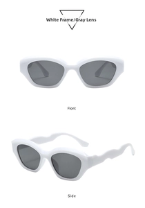 Detail view showing white polygonal sunglasses frame and unique wavy shaped temple arms