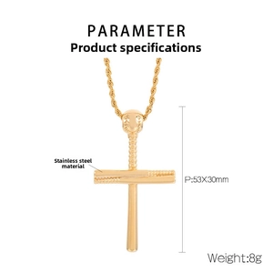 Detail view of 18K gold plated stainless steel baseball cross pendant with dimensions