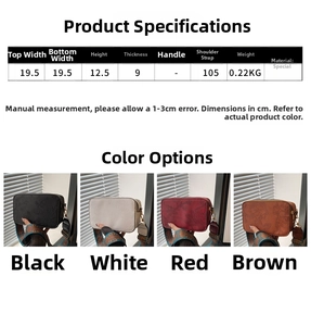 Detailed size chart and four-color display of ethnic embossed square bags with wide straps