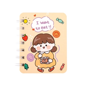 A7 pocket spiral notebook with cute cartoon girl illustration on a clean white background