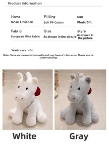 Detailed spec sheet showing white and grey plush unicorns with soft mink velvet fabric