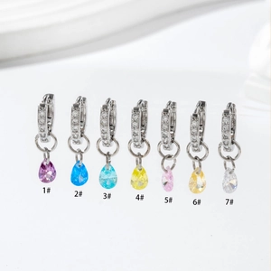 Elegant zircon heart dangle earrings in 7 colorful gemstone variants on white background