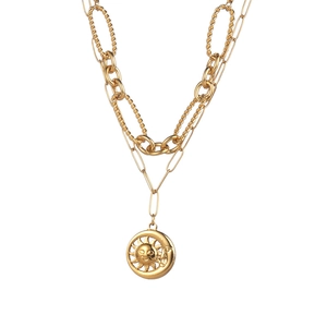 18K gold-plated stainless steel double-layered necklace with sun and moon pendants