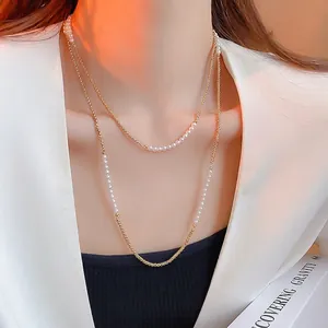Collier Longue Künstliche Perle Vintage Français Chaîne En Cuivre Plaquée Or Élégant Minimaliste Luxe Pull Pour Femmes