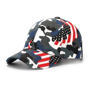 Detail of camouflage baseball cap with American flag print on high-quality cotton twill