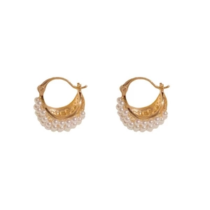 French vintage style gold hoop earrings with pavé set white pearls in a basket design