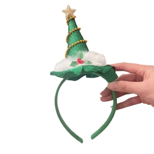 Cute green Christmas tree headband with golden star and sparkling glitter for girls