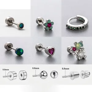 Titanium Steel Cartilage Stud Earrings With Opal Zircon Flower Heart Bear Shapes Screw Flat Back Piercing For Women