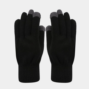 Detail of black knit gloves with touchscreen-compatible fingertips and ribbed cuffs