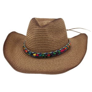 Classic straw panama hat for beach with rainbow beaded band and stylish curled brim